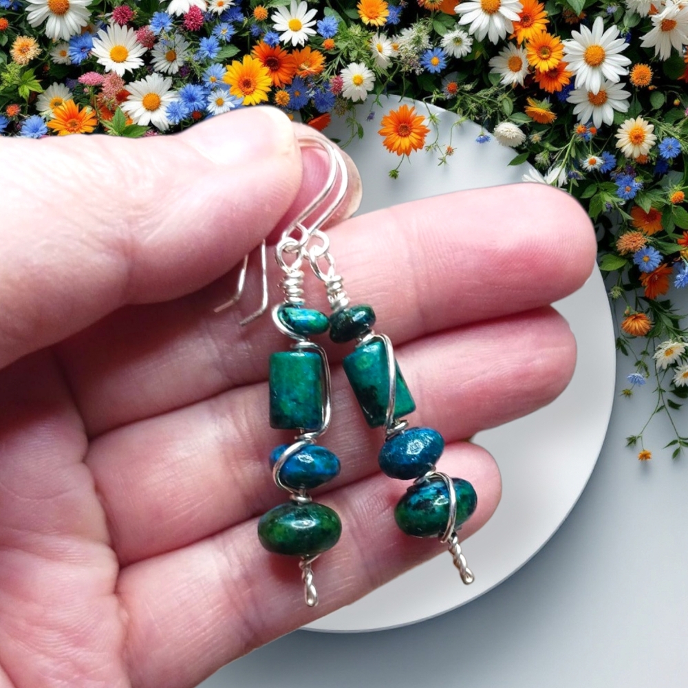 Artisan Chrysocolla & Fine Silver Wire Wrap Earrings